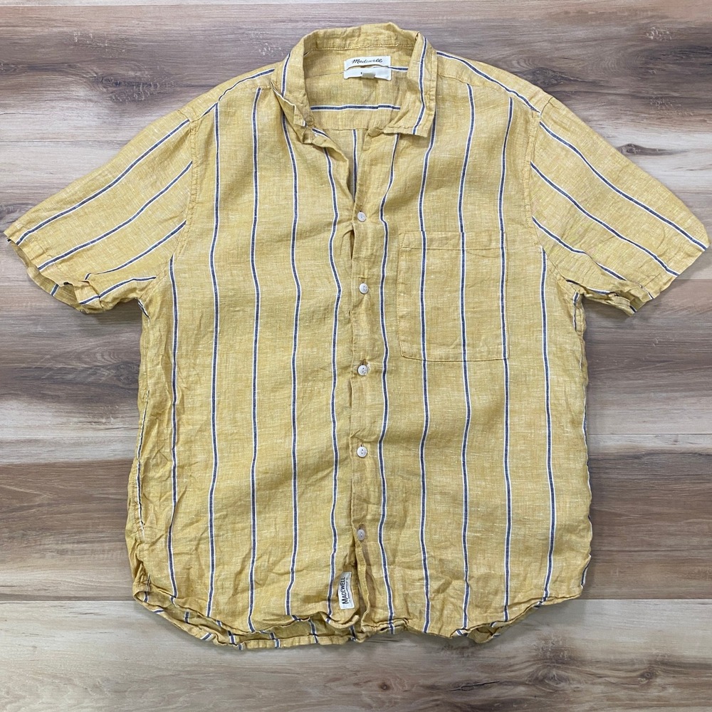 Madewell Shirt S Short Sleeve Striped 100% Linen Easy Fit Yellow SP22 MD341
